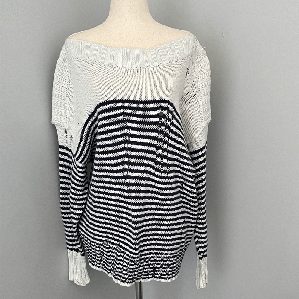BDG Striped Off-Shoulder white and blue  Women’s Sweater